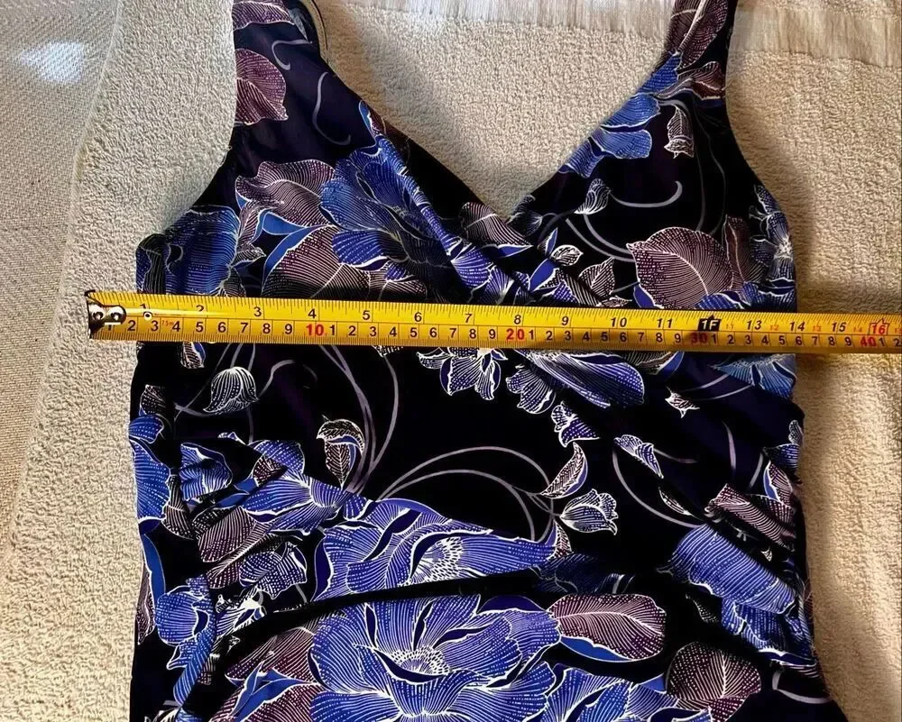 Lands' End Wrap Tankini Swimsuit Top Blue & Purple Fliral Paisley Pattern Sz 10